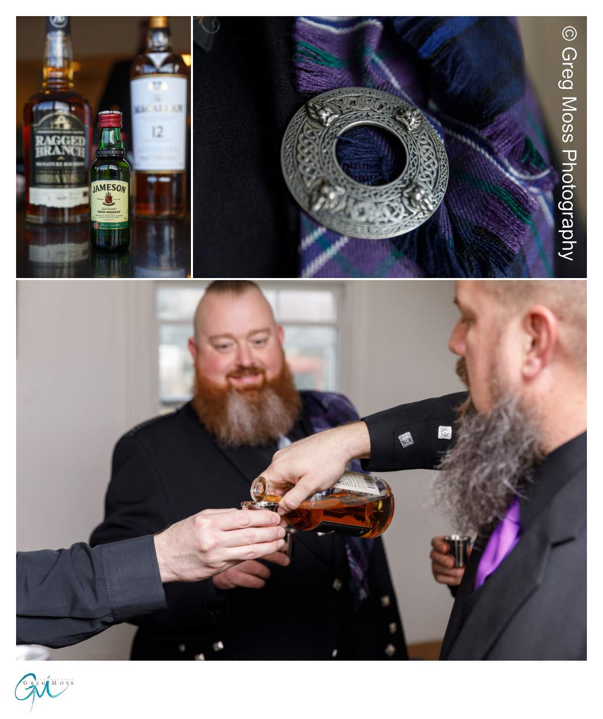 Groom and groomsmen in Kilts drinking Jameson before the ceremony