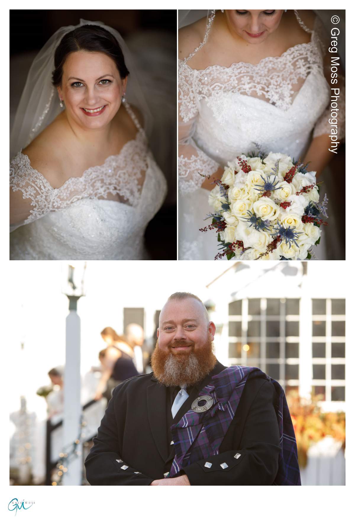 Bride looking down at flowers