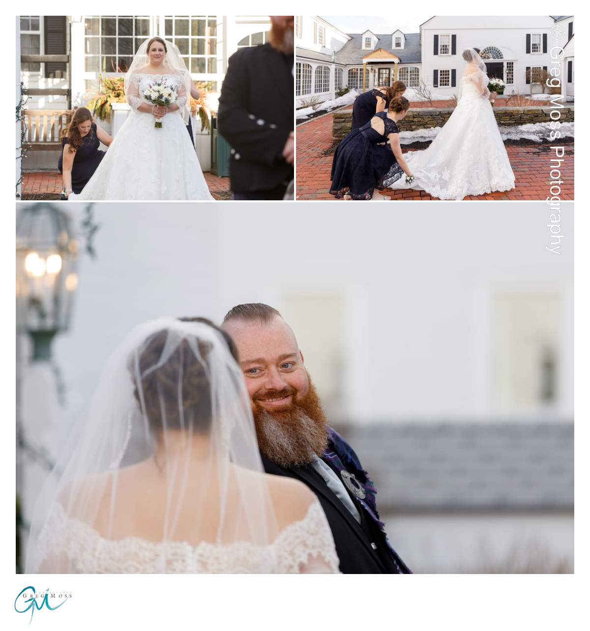 Bride and groom first look with bridesmaid fluffing the dress