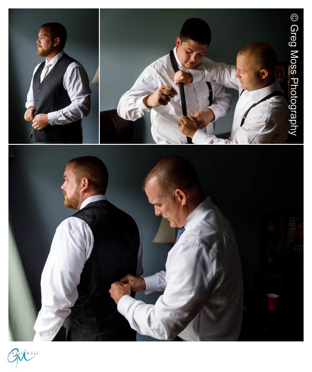Groom with Father getting ready, groomsmen helping each other get ready