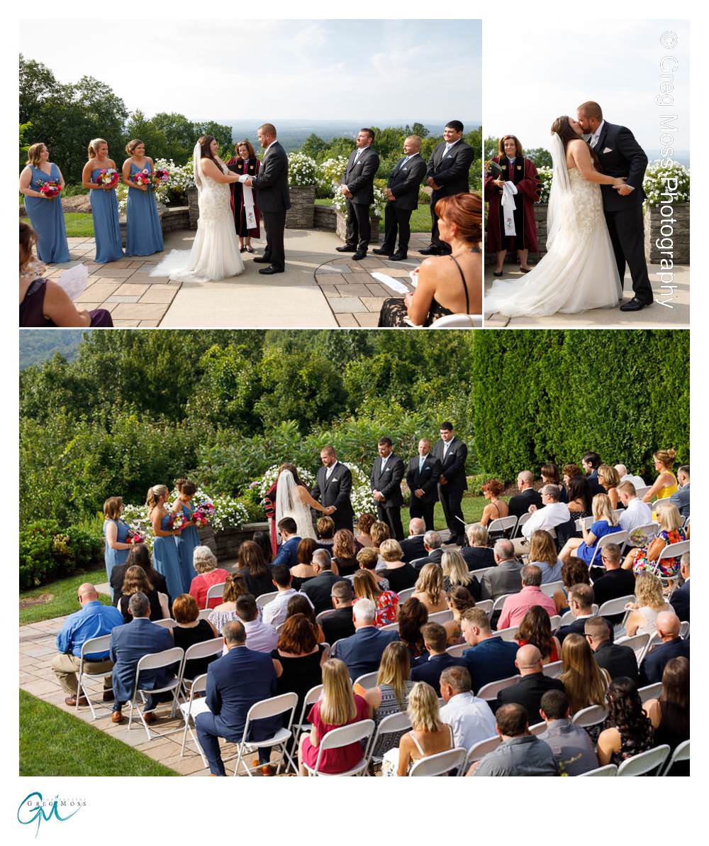 View of ceremony with all guests, bride and groom first kiss