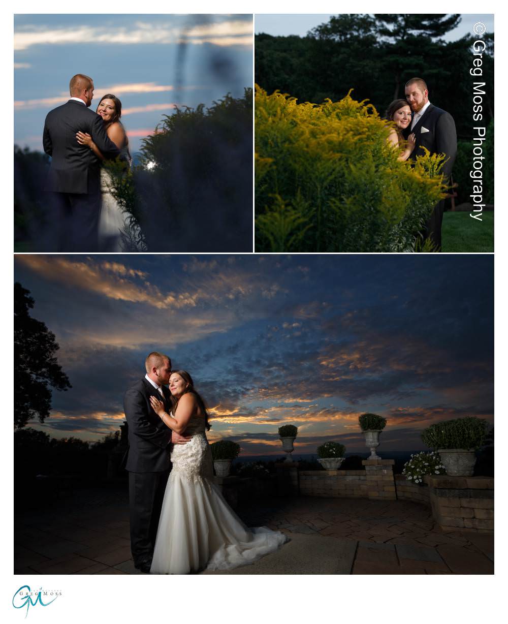 Sunset photo of bride and groom on Patio of the