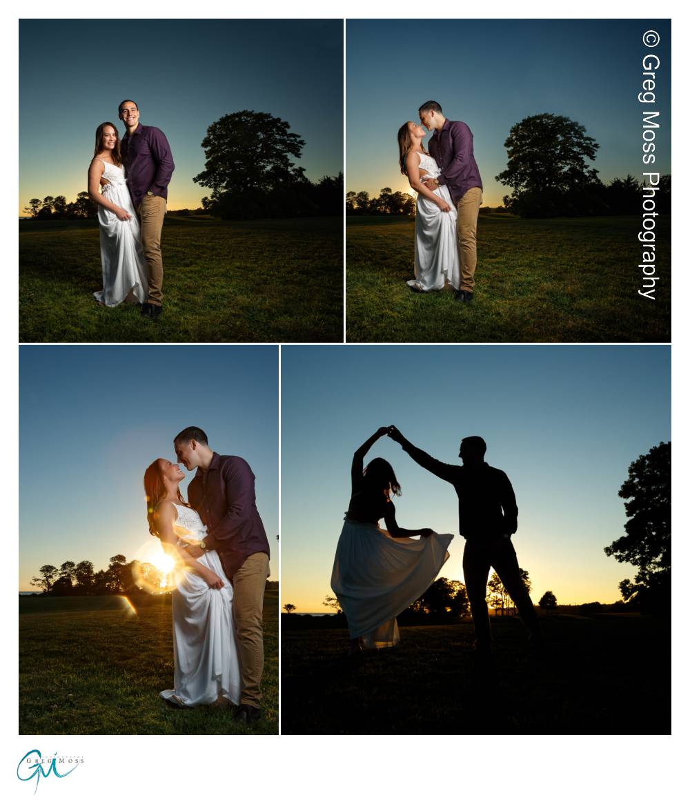 Couple at sunset with guy twirling girl with a silhouette