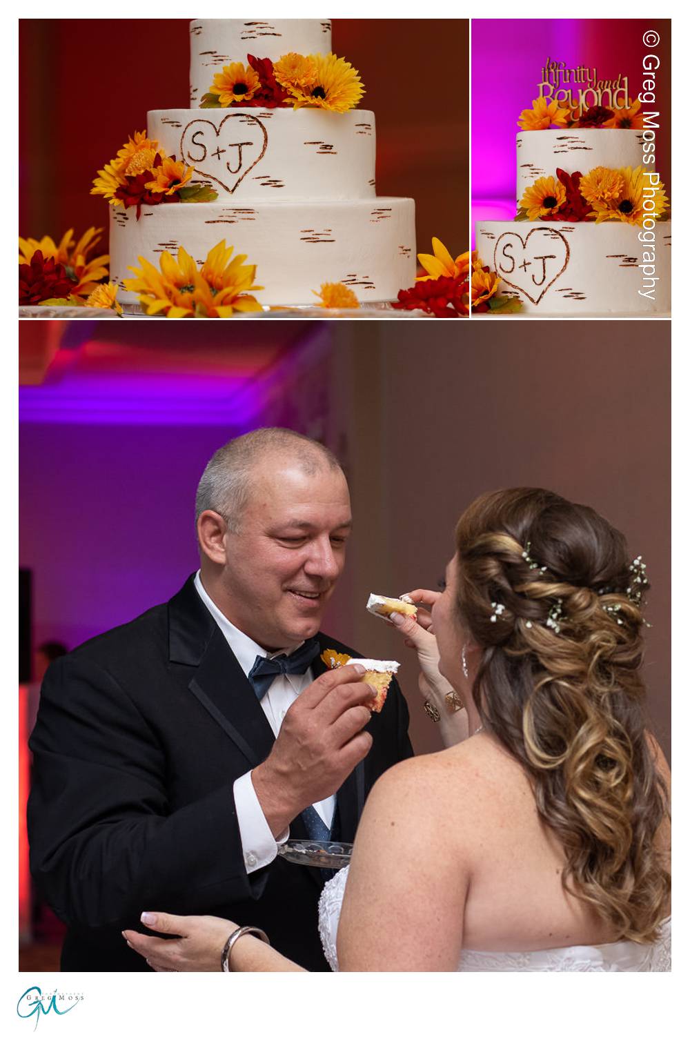 Bride and groom cake cutting with birch looking cake.