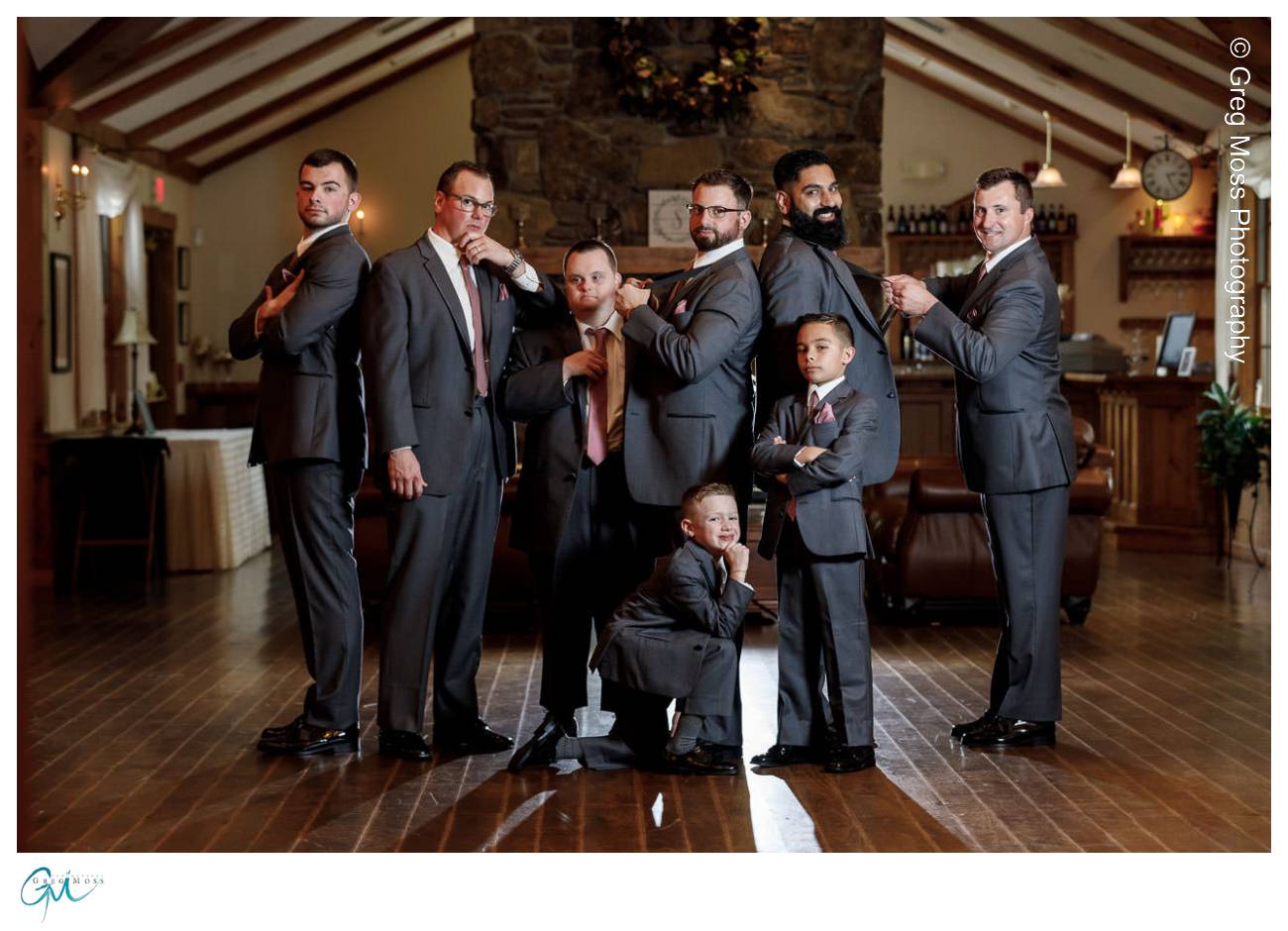 Groom and Groomsmen in front of fireplace