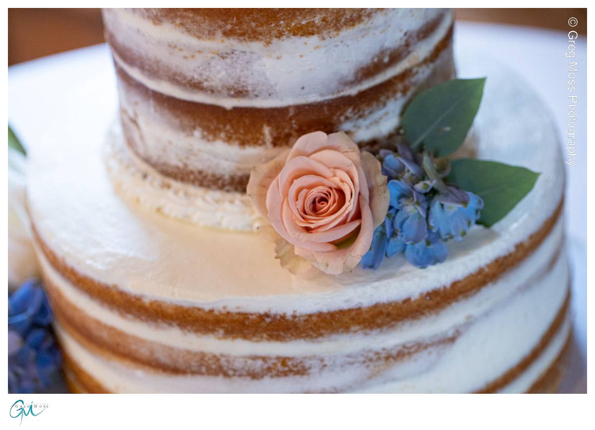 Red Barn Wedding0541 Close-up of a two-tiered naked cake with fresh flowers, featuring a pink rose and blue hydrangeas, set against a soft background at a red barn wedding.