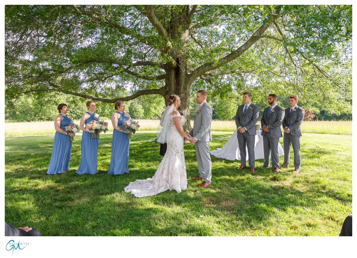 Red Barn Wedding0542 Wedding ceremony taking place outdoors under a large tree by a red barn, featuring a bride and groom exchanging vows with bridesmaids and groomsmen standing alongside.