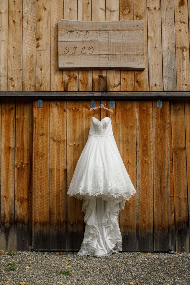Wrights Mill Farm Wedding-1 Wedding dress hanging out side on Barn at Wrights Mill Farm