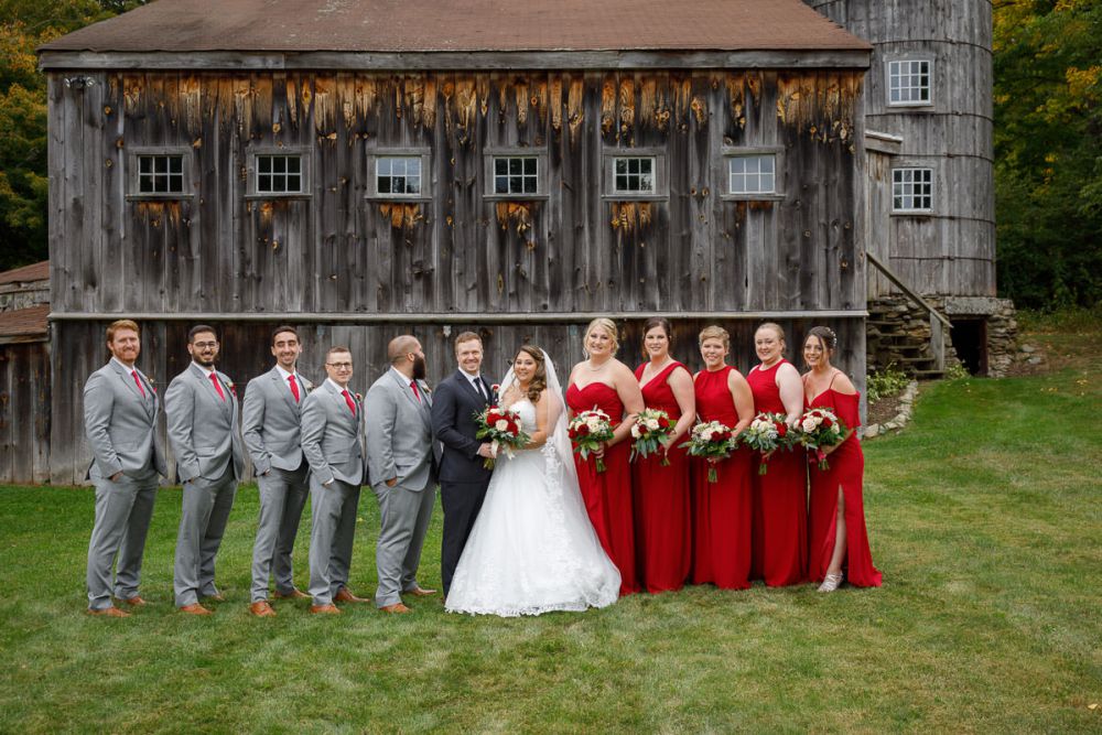 Wrights Mill Farm Wedding-11 Full wedding party with rustic barn behind them
