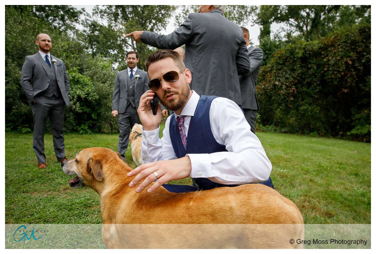 Publick house vov renewal 007 Man in a suit sitting outdoors grooming a dog, talking on the phone, with other men in suits at a Publick House Vow Renewal in the background.