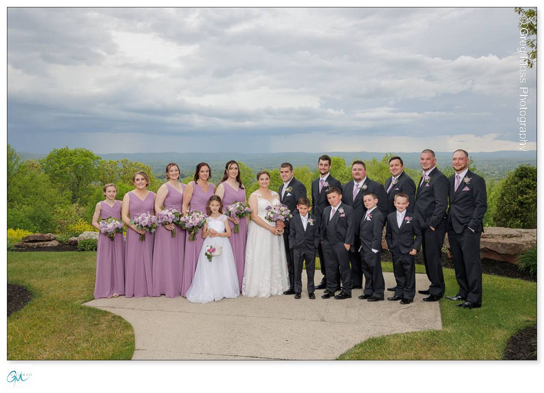 Holyoke Wedding Photography-12 A Holyoke wedding group photo outdoors with fifteen people, including a bride and groom, bridesmaids in purple dresses, and groomsmen in suits, with a cloudy sky and green hills in the background