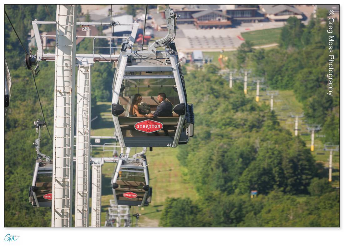 Stratton Mountain Wedding-19 Bride and Groom riding Tram down for Stratton Mountain Summit
