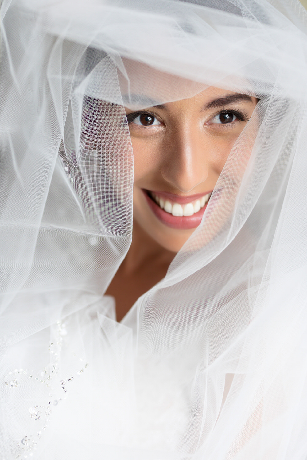 Wedding day bridal portrait before the ceremony framed with veil.