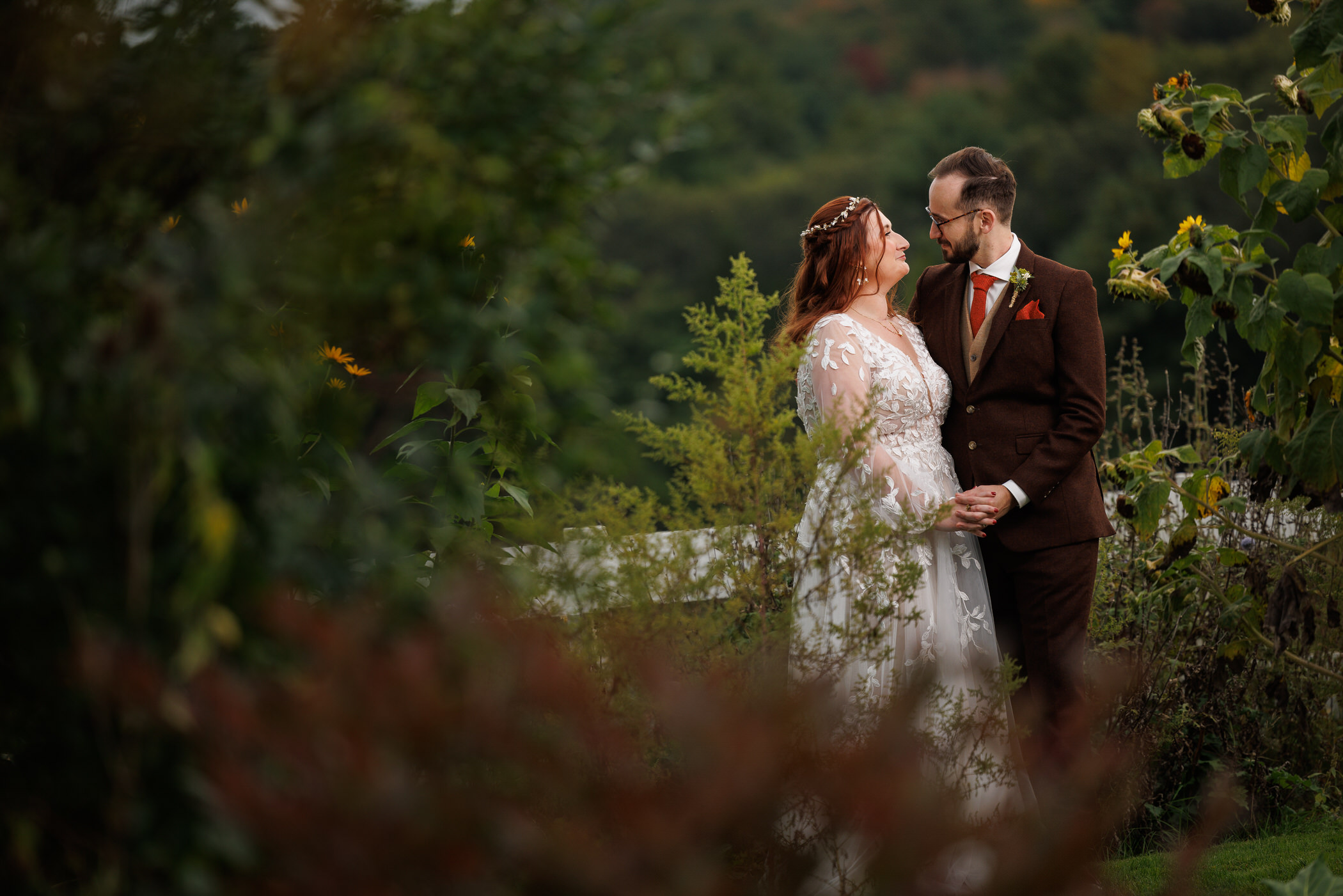 Wedding couple portrait outside, fall in New England at the Salem Cross Inn