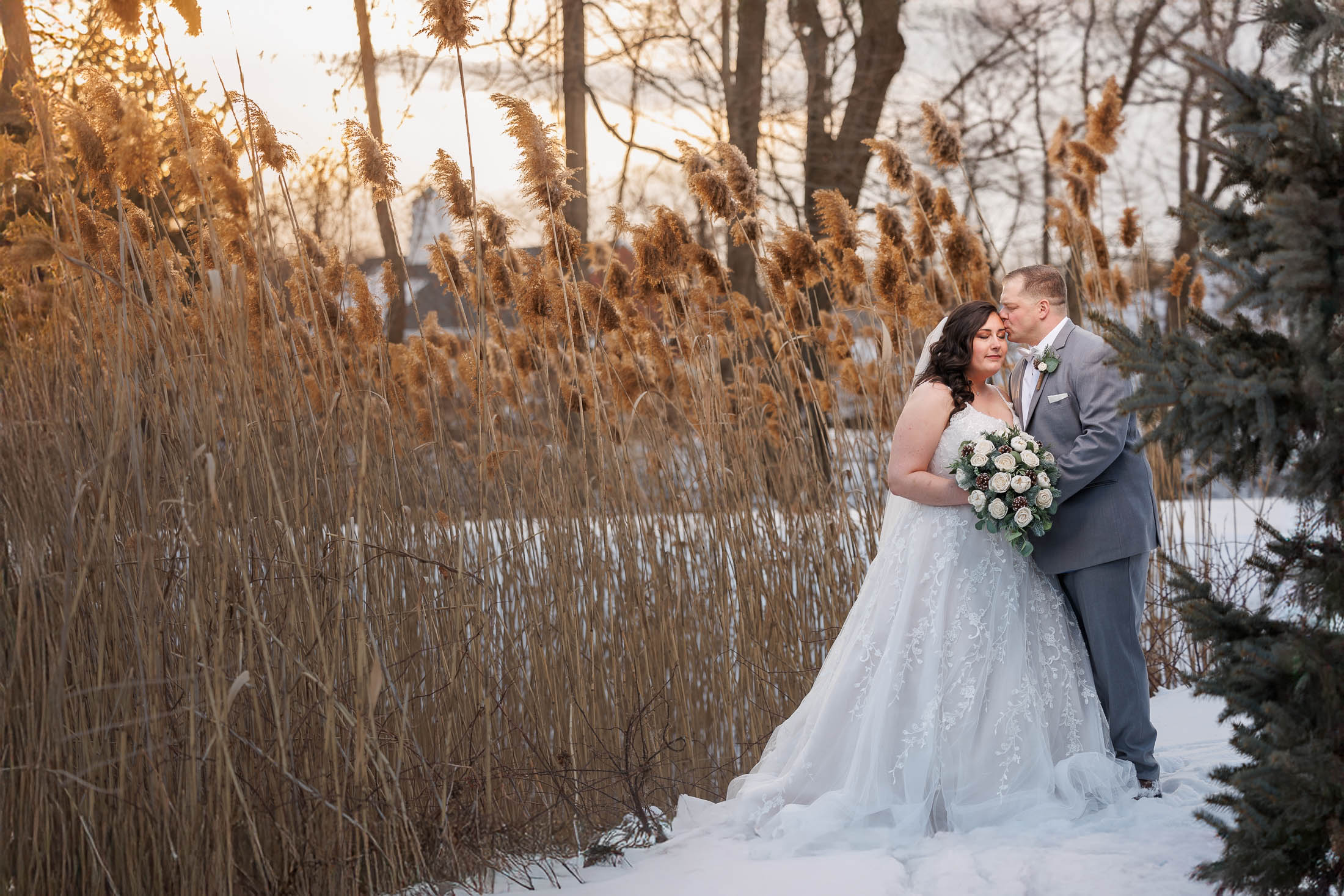 A bride and groom stand in a snowy outdoor setting at Maneeley's Ct, surrounded by tall brown grasses. The groom kisses the bride's forehead as she holds a bouquet of white flowers, capturing a magical moment from their winter wedding photos.
